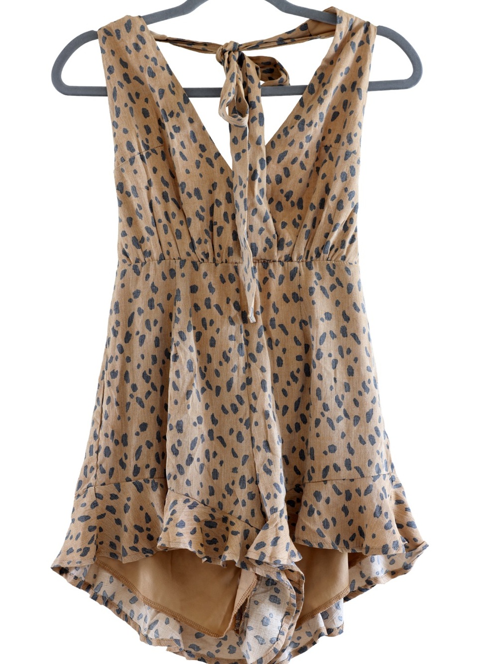 Trixxi Tan and Black Printed V-Neck Romper with Tie Back